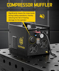 Side view of Plug And Play All In One Plasma Cutter With Built In Air Compressor, showing compressor muffler feature on metallic table.
