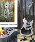 Stainless Steel Wood Burning Fire Pit With Stand And Carry Bag Portable Outdoor Heater shaped like a guitar, near patio door
