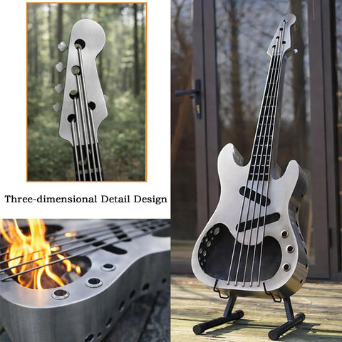 Stainless Steel Wood Burning Fire Pit With Stand And Carry Bag Portable Outdoor Heater shaped like a guitar, near patio door