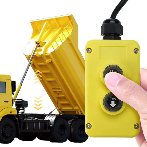12V DC 4-Wire Remote Switch For Hydraulic Dump Trailer Dual-Acting Pump, 2-Button Pendant Control next to yellow dump truck