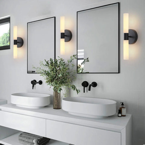 Set Of Two Matte Black Wall Sconces With White Glass Shades For A Modern Bathroom And Living Room, Durable Metal Fixtures.