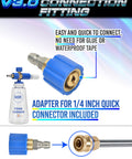 Foam Cannon S V3 With Beefed Up Thick Snow Foam Technology And Quarter Inch Quick Connector For Pressure Washer Plus Premium Snow Foam Car Wash Soap 20 Fl Oz Kit, showing connection fitting and adapter detail
