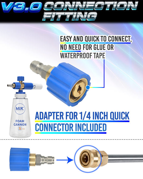 Foam Cannon S V3 With Beefed Up Thick Snow Foam Technology And Quarter Inch Quick Connector For Pressure Washer Plus Premium Snow Foam Car Wash Soap 20 Fl Oz Kit, showing connection fitting and adapter detail