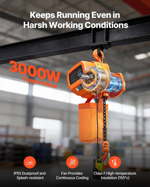 Built Tough Heavy Duty Electric Chain Hoist Up To 4400 Lbs With 20 Ft Lift Height Three Phase Dual Voltage 208 To 240V And 440 To 480V 60Hz Overhead Crane With 328 Ft Wireless Remote G100 Single Chain Lift installed in factory setting