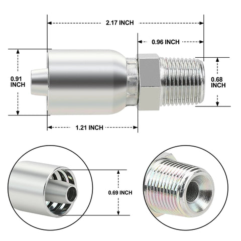 ANCIMOON 3/8 in hose to 3/8 in NPT male hydraulic crimp fitting, side view, chrome-plated metal.