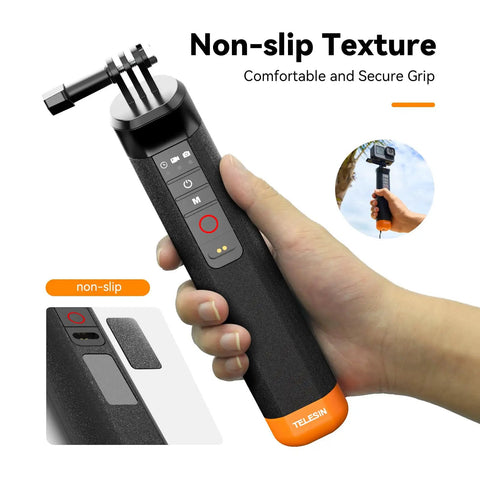 Hand holding Floating Selfie Stick With Bluetooth Remote Waterproof Hand Grip for GoPro, non-slip texture close-up.
