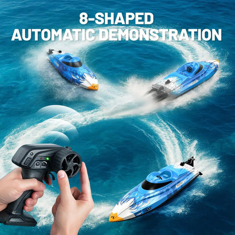 High Speed Waterproof RC Boat With Water Cooling, 2.4 GHz Remote showing 8-shaped automatic demonstration on water