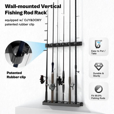 Wall Mount Fishing Rod Holder And Vertical Storage Rack For Garage Holds Up To 6 Rods With Rubber Band Clamp Tech