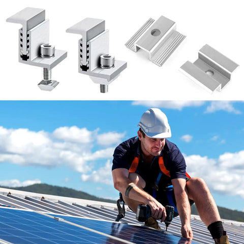 Built Tough Heavy Duty Solar Panel Clamp Kit Includes 28 Adjustable Aluminum End And Mid Mounting Brackets For Metal Tin Flat Roofs Solar Pv System Workhorse Upgrade, aluminum clamps and worker installing solar panel.