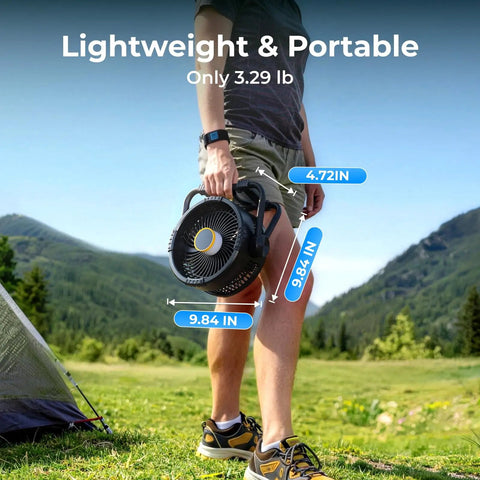 Person holding Rechargeable 20000mAh Portable Fan With 4 Speed Settings 9 Inch Blade, lightweight for camping outdoors.