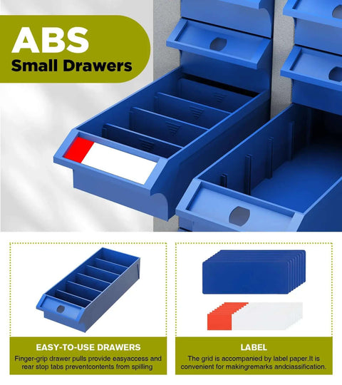 Close-up of ABS drawers with labels from 40 Drawer Small Parts Cabinet For Bolts And Nuts, Heavy Duty Steel Frame With ABS Drawers, Label System