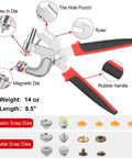 All In One Snap Kit For Fabric And Leather Grab And Go With 192 Pcs T5 Plastic Snaps In 8 Colors And 80 Pcs 15 mm Metal Snap Fasteners Includes 6 Tools For Easy Sewing Crafting And DIY Projects tool pliers close-up with features labeled.
