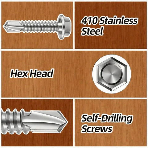 125 Piece Self Tapping Screws Kit In 410 Stainless Hex Head Assortment For Sizes Ten And Twelve, screw features and details.
