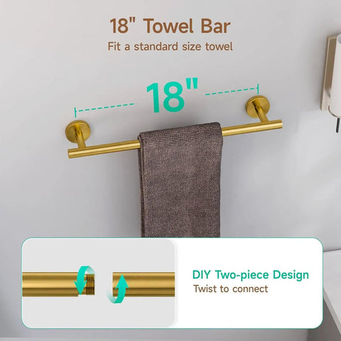 Brushed Gold 4 Piece Bathroom Hardware Set With 18 Inch Towel Bar And Toilet Paper Holder Wall Mounted SUS304 Stainless Steel Durable Bath Accessories Kit For Modern Homes showing 18 inch towel bar with DIY two-piece design.