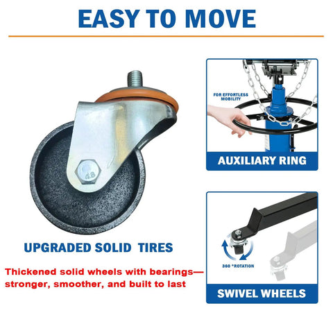 Kaflla High Lift Hydraulic Transmission Jack 1660 Lb With Foot Pedal showing upgraded solid tire wheel with bearing for mobility.