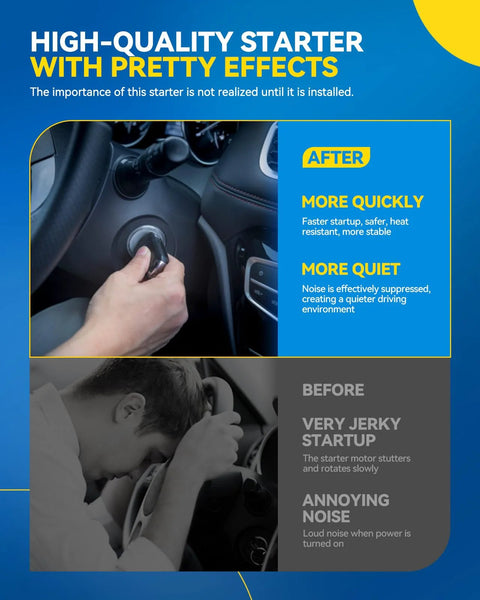 Comparison of starter performance before and after installation; highlights smoother start and reduced noise with new starter.