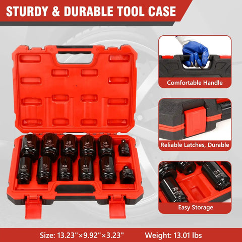 Get That Heavy Duty 12-Piece Metric Impact Socket Set With Long Reach Sockets From 27 To 38mm For Serious Tough Jobs Plus Universal Joint And Adapter Included in red case