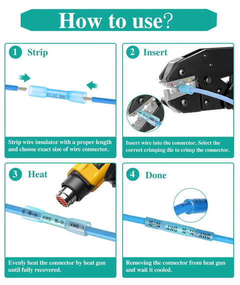 Pro Grade 300Piece Heat Shrink Butt Wire Connectors Kit For 22 To 10 AWG steps for using insulated waterproof wires