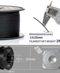 Glass Fiber Reinforced PETG Filament 1.75mm spool for 3D printing, dimensional accuracy ±0.03mm, 1kg, frosted black, with caliper measurement
