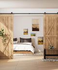 9Ft Sliding Barn Door Hardware Kit With Heavy Duty T Shaped Track In Black For Double Doors Space Saving Indoor Outdoor DIY Door System installed in bedroom