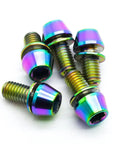 Pack Of Five M5 X 10 mm Cone Point Hex Socket Grub Screws With A Dope Rainbow Anodized Coating And Bulletproof TC4 Titanium Construction For Easy Zero Sweat Installation on white background.