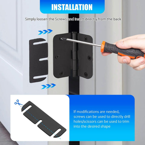 Installation of Door Hinge Shims For Interior Door Alignment, showing insertion tool and shim positioning, 0.060 Inch Thick, 15 Pack.