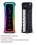 Gaming UPS Battery Backup And Surge Protector 1500VA 1000W, 13 Outlets, RGB Lighting, USB C Charging, front and back view