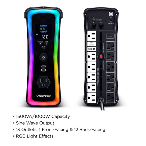 Gaming UPS Battery Backup And Surge Protector 1500VA 1000W, 13 Outlets, RGB Lighting, USB C Charging, front and back view