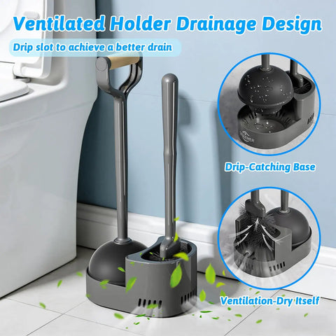 Heavy Hitter Toilet Brush And Plunger Set Featuring Curved Scour Bristles Gray Two Piece Bathroom Clog Knockout Kit With A Rock Solid Freestanding Storage Stand with ventilated holder in bathroom.