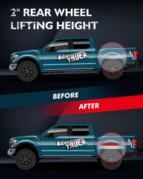 Before and after view of truck with Adjustable Rear Leveling And Lowering Shackle Drop Kit LLK038 For Cherokee XJ 1984 To 2001 2WD 4WD.
