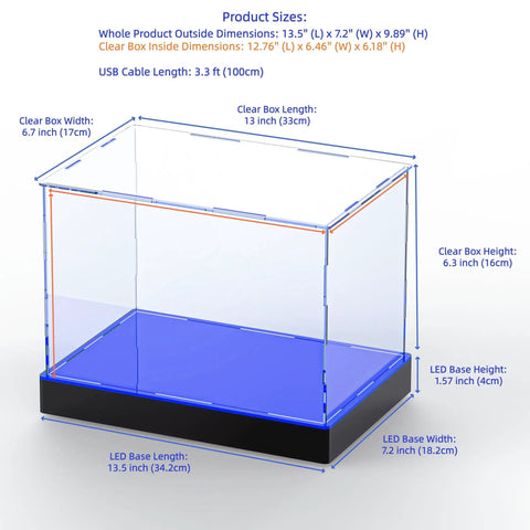 Dimensions of Lit Display Case With RGBW LED Lights USB Powered for 1:18 Car Models and 1:24 Die Cast Collectibles, 13x6.7x6.3 inches