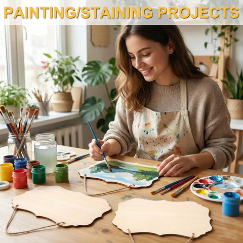 Pack Of 12 Unfinished Rectangular Wood Plaques Measuring 8.8 By 5.7 Inches With Free Burlap Twine For Diy Craft Painting Or Wood Burning, woman painting.