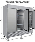 Rock Solid Commercial Workhorse Upright Freezer And Convertible Refrigerator With 72 Cubic Feet Capacity showing dimensions and open doors.