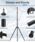 Extendable 6.23ft Aluminum Light Stand For Photography diagram with features such as 3-section build, standard 1/4" screw, and load-bearing hook.