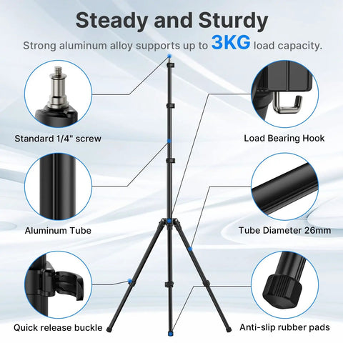 Extendable 6.23ft Aluminum Light Stand For Photography diagram with features such as 3-section build, standard 1/4" screw, and load-bearing hook.