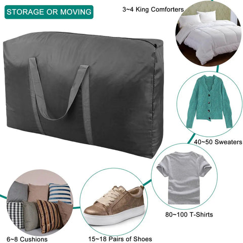 Beefy 100L Extra Large Storage Bags With Heavy Duty Zippers And Sturdy Carry Handles holding clothes and shoes