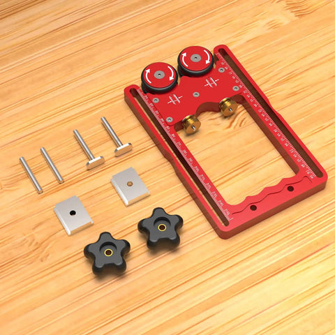 CNC Machined Aluminum Alloy Double Wheel Bearing Roller Features Wide Nonskid Rubber Wheels, red mounting plate and accessories on wood.