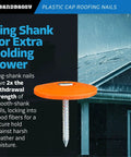 Pro Grade Plastic Cap Roofing Nails With Hella Secure Ring Shank And Tough Electro Galvanized Steel showcased with heavy rain.