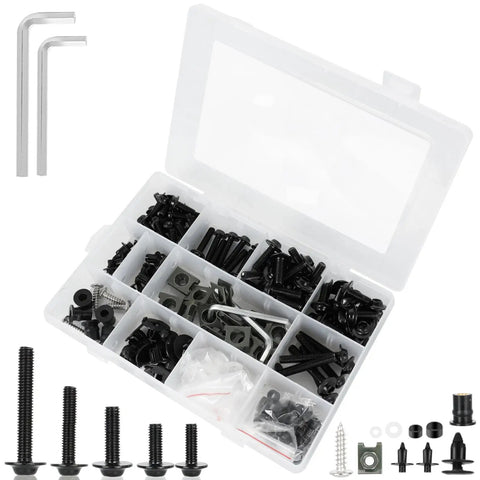195 Piece Stainless Steel Motorcycle Fairing Bolt Kit M5 M6 Universal Fit For Sportbike with screws and clips shown