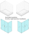Installation guide for Sleek Matte Black Glass Shower Door Hardware Kit Frameless Swing Setup, showing reversible door options.