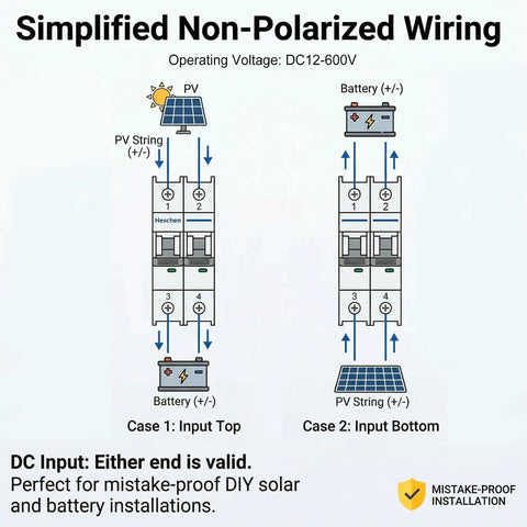 Simplified wiring diagram for Tough As Nails 32A DC Miniature Circuit Breaker Rated Up To 600VDC for solar and battery use.