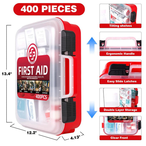 400 Piece First Aid Kit With Dual Layer Wall Mount Case featuring clear front, ergonomic handle, and double layer storage