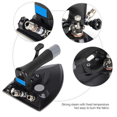Heavy Duty Industrial Steam Iron With Automatic Full Press Boiler detailed view of handle and steam controls for commercial use.