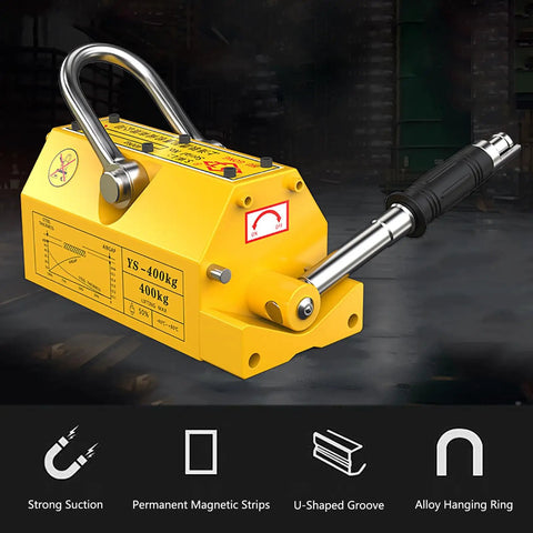Heavy Duty Magnetic Lifter With Quick Release Handle And Dual Safety Lock Killer Grip Neodymium Magnet for steel plates, 400 kg capacity.