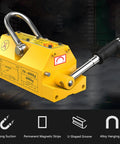 Heavy Duty Magnetic Lifter With Permanent Neodymium Magnets And No Hassle Release Lever, 3 Ton Industrial Lifting Magnet view with rubber grip and hanger