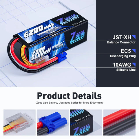 4S 6200mAh LiPo Battery 14.8V 80C High Discharge With Durable Hard Case EC5 Connector For RC Cars Trucks Tanks Buggy Truggy Racing Hobby Dual Pack Long Lasting Power For Intense RC Sessions product image with connector details.