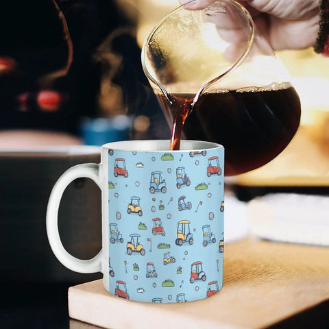 Heavy Duty Ceramic Travel Coffee Mug Featuring A Stylish Golf Cart Design Perfect For Grabbing Your Daily Grind In The Kitchen Or Office Solid Build Tea Cup For Smooth Sips, filled with coffee.