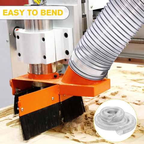 Clear PVC Dust Collection Hose 4 Inch Diameter 15 Feet Long Flexible Tube With Black Wire Reinforcement And 304 Stainless Steel Hose Clamps connected to woodworking machine