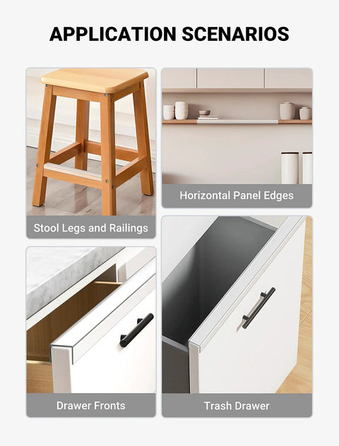 Clear Cabinet Door Edge Protectors 17.5 Inch PVC Furniture Guards 4 Pack Scratch Resistant Bumper Strips For 3/4 Thick Kitchen Cabinetry Quick Snap Setup No Sweat Install applied on furniture.