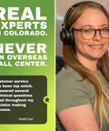 Smiling woman with headset next to text highlighting local expert customer service in Colorado, no overseas call center.